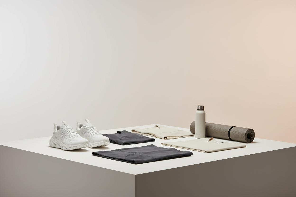 A clean, modern sports shop lifestyle image. Minimalistic background in light neutral tones. Athletic clothing and footwear displayed naturally, with a sporty but calm atmosphere. No text, no logos, no people’s faces in focus. Professional studio lighting, high-quality, contemporary e-commerce style.